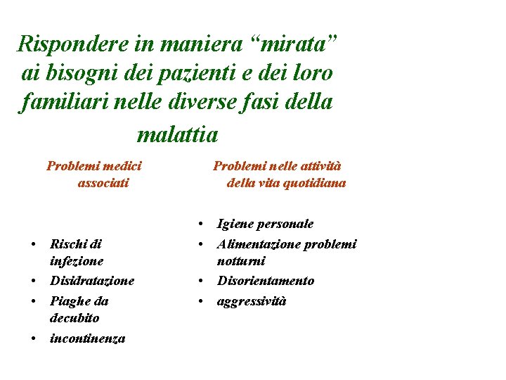 Rispondere in maniera “mirata” ai bisogni dei pazienti e dei loro familiari nelle diverse Rispondere in maniera “mirata” ai bisogni dei pazienti e dei loro familiari nelle diverse