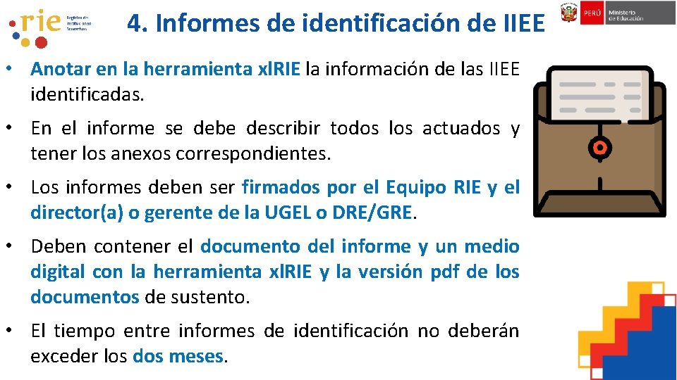 4. Informes de identificación de IIEE • Anotar en la herramienta xl. RIE la