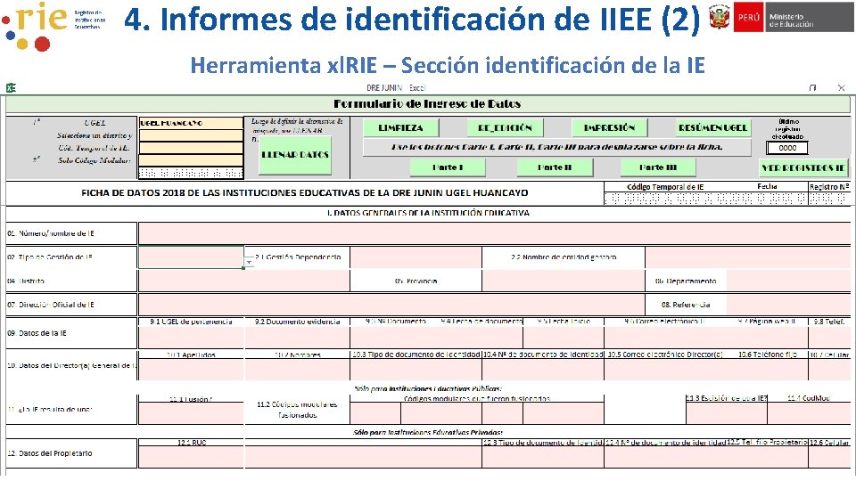 4. Informes de identificación de IIEE (2) Herramienta xl. RIE – Sección identificación de