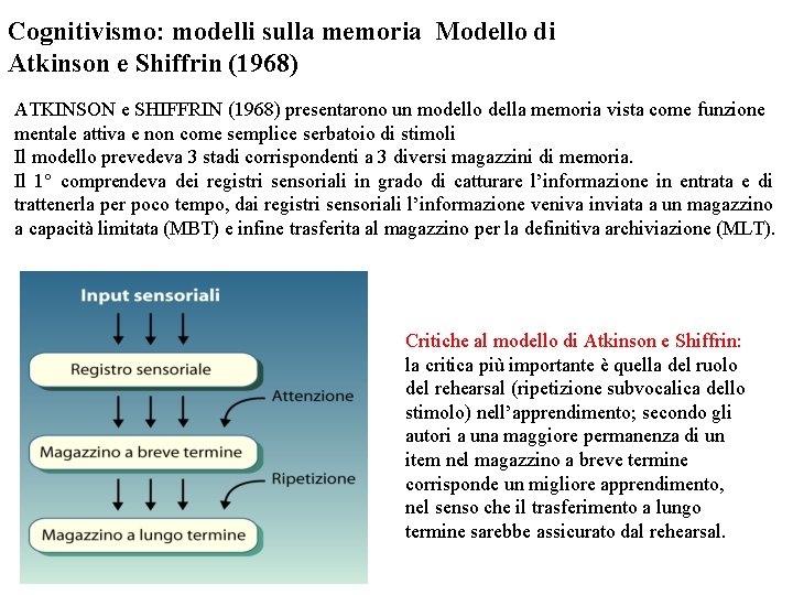 Cognitivismo: modelli sulla memoria Modello di Atkinson e Shiffrin (1968) ATKINSON e SHIFFRIN (1968)