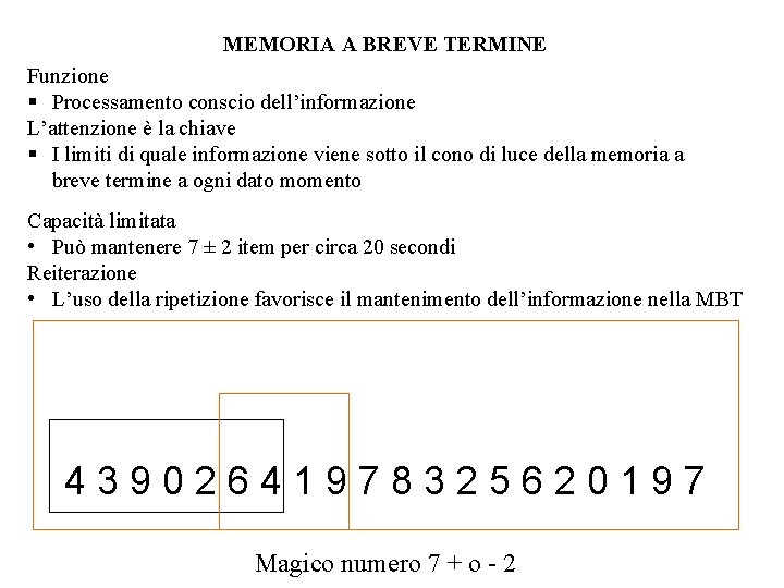 MEMORIA A BREVE TERMINE Funzione § Processamento conscio dell’informazione L’attenzione è la chiave §