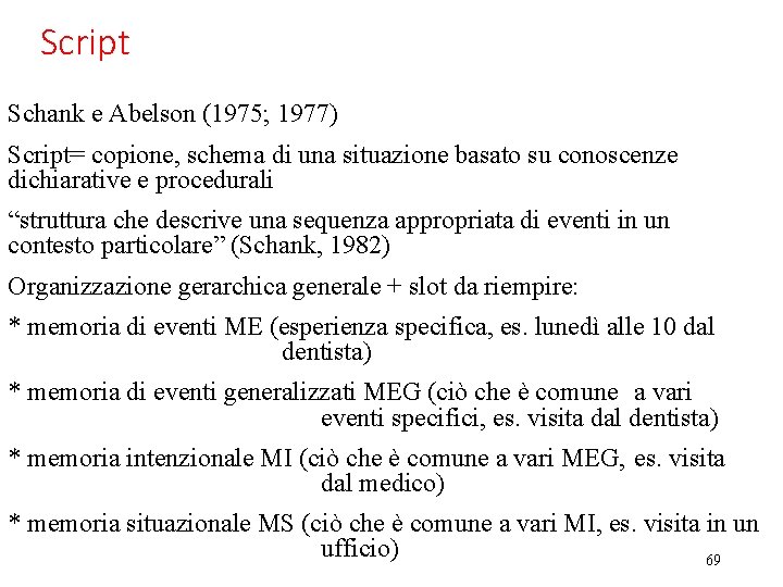 Script Schank e Abelson (1975; 1977) Script= copione, schema di una situazione basato su