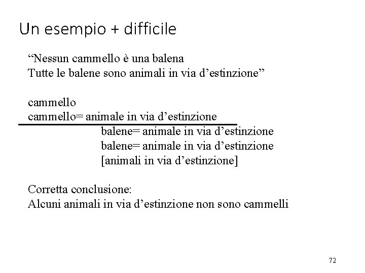 Un esempio + difficile “Nessun cammello è una balena Tutte le balene sono animali