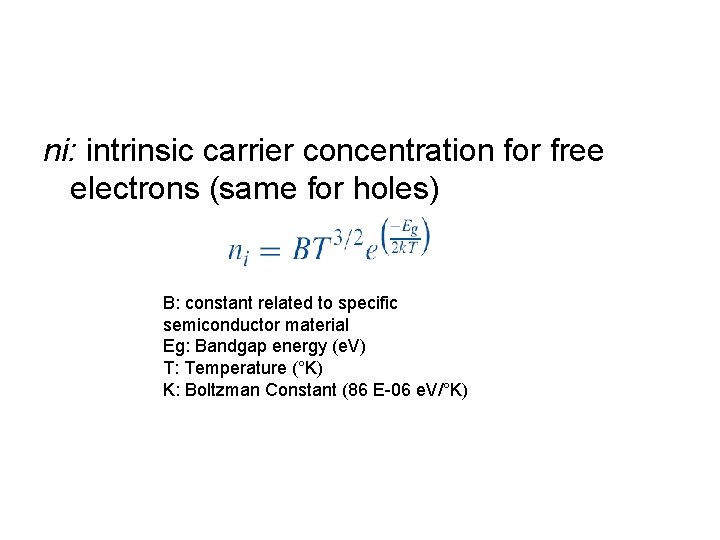 ni: intrinsic carrier concentration for free electrons (same for holes) B: constant related to