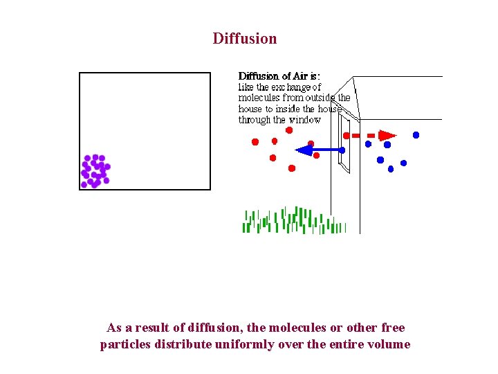 Diffusion As a result of diffusion, the molecules or other free particles distribute uniformly
