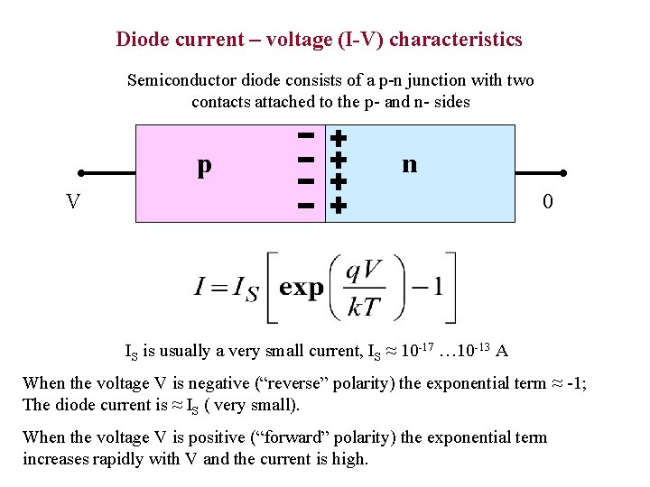 Diode current – voltage (I-V) characteristics Semiconductor diode consists of a p-n junction with