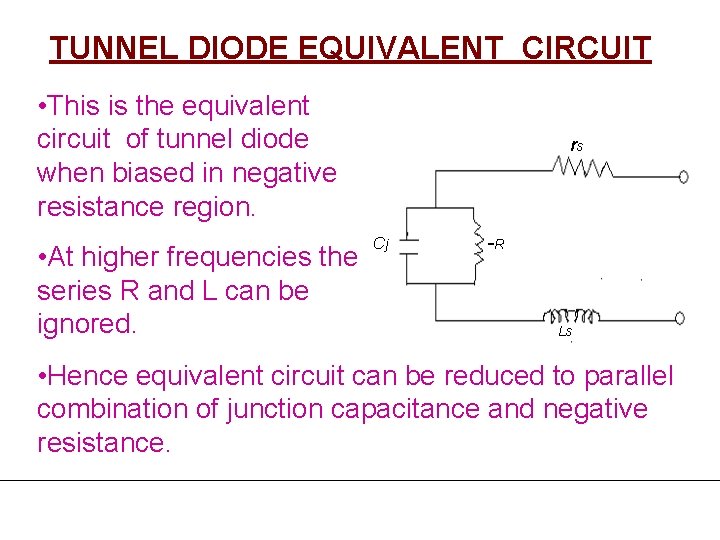 TUNNEL DIODE EQUIVALENT CIRCUIT • This is the equivalent circuit of tunnel diode when