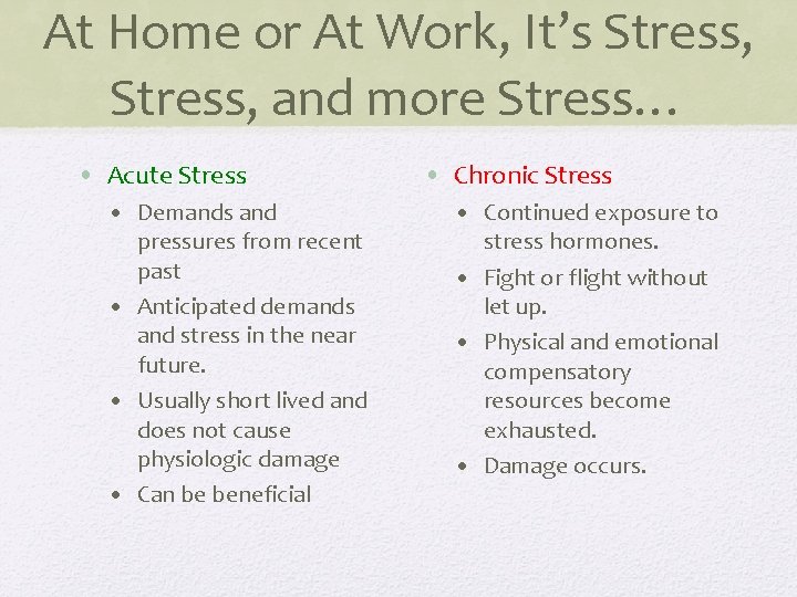 At Home or At Work, It’s Stress, and more Stress… • Acute Stress •