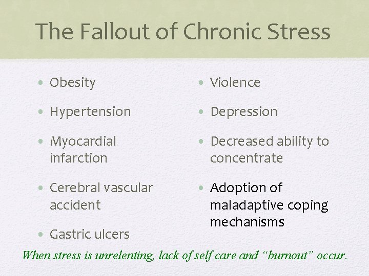 The Fallout of Chronic Stress • Obesity • Violence • Hypertension • Depression •
