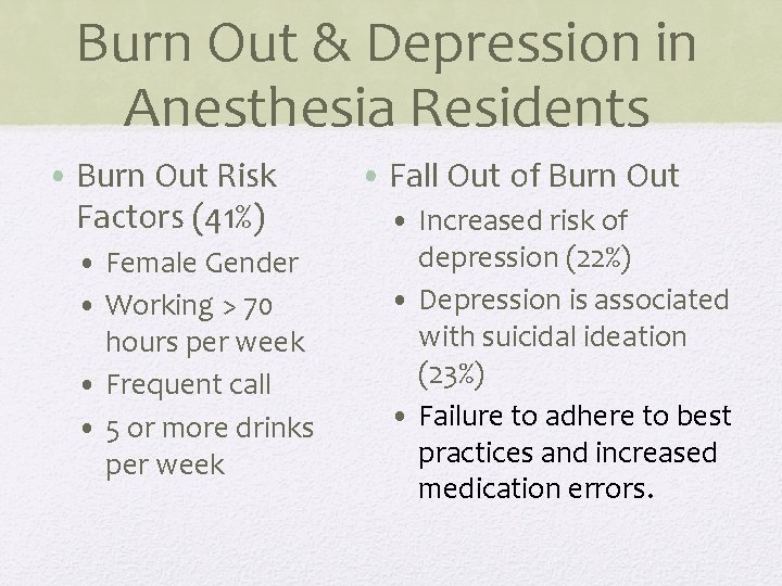 Burn Out & Depression in Anesthesia Residents • Burn Out Risk Factors (41%) •