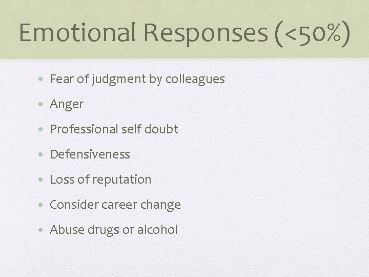 Emotional Responses (<50%) • Fear of judgment by colleagues • Anger • Professional self
