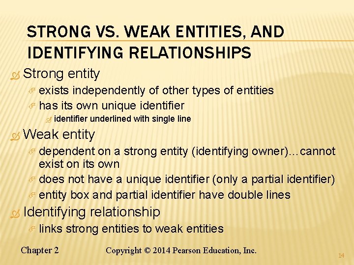 STRONG VS. WEAK ENTITIES, AND IDENTIFYING RELATIONSHIPS Strong entity exists independently of other types STRONG VS. WEAK ENTITIES, AND IDENTIFYING RELATIONSHIPS Strong entity exists independently of other types