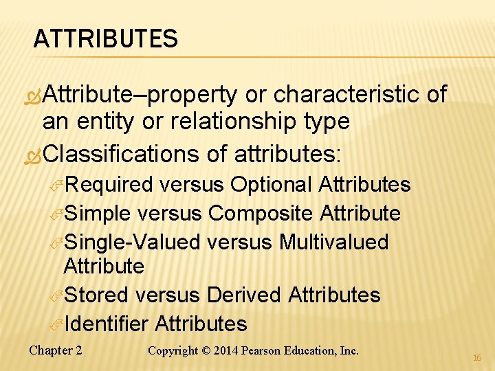 ATTRIBUTES Attribute–property or characteristic of an entity or relationship type Classifications of attributes: Required ATTRIBUTES Attribute–property or characteristic of an entity or relationship type Classifications of attributes: Required