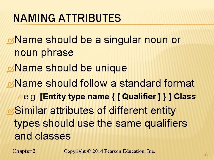 NAMING ATTRIBUTES Name should be a singular noun or noun phrase Name should be NAMING ATTRIBUTES Name should be a singular noun or noun phrase Name should be