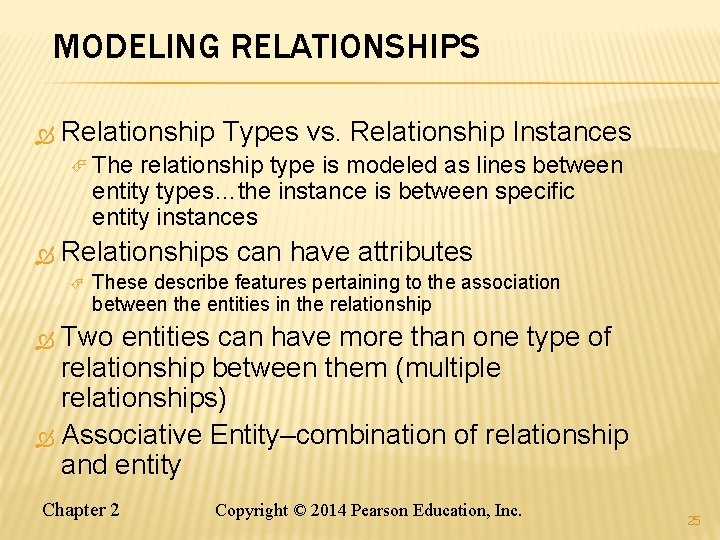 MODELING RELATIONSHIPS Relationship Types vs. Relationship Instances The relationship type is modeled as lines MODELING RELATIONSHIPS Relationship Types vs. Relationship Instances The relationship type is modeled as lines