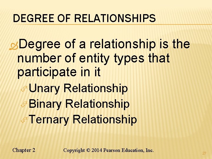 DEGREE OF RELATIONSHIPS Degree of a relationship is the number of entity types that DEGREE OF RELATIONSHIPS Degree of a relationship is the number of entity types that