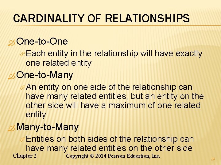 CARDINALITY OF RELATIONSHIPS One-to-One Each entity in the relationship will have exactly one related CARDINALITY OF RELATIONSHIPS One-to-One Each entity in the relationship will have exactly one related
