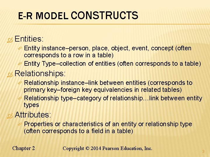 E-R MODEL CONSTRUCTS Entities: Entity instance–person, place, object, event, concept (often corresponds to a E-R MODEL CONSTRUCTS Entities: Entity instance–person, place, object, event, concept (often corresponds to a