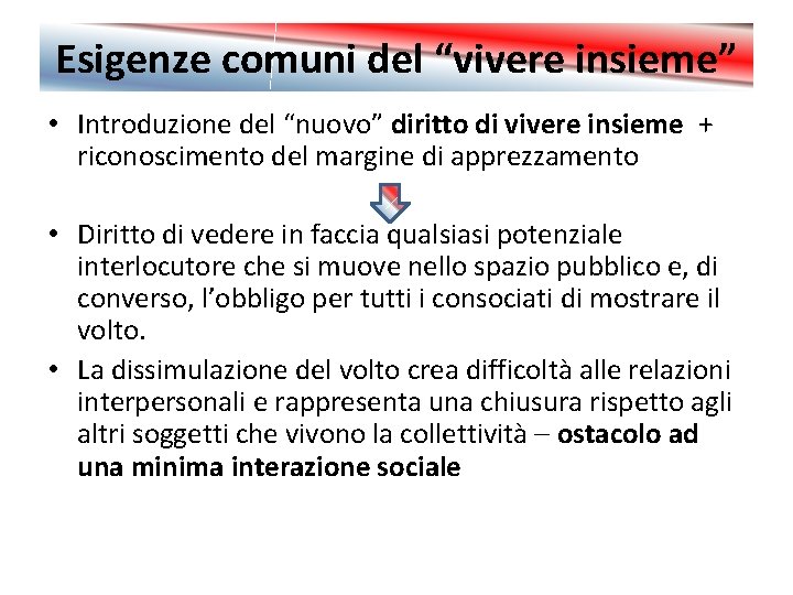 Esigenze comuni del “vivere insieme” • Introduzione del “nuovo” diritto di vivere insieme +