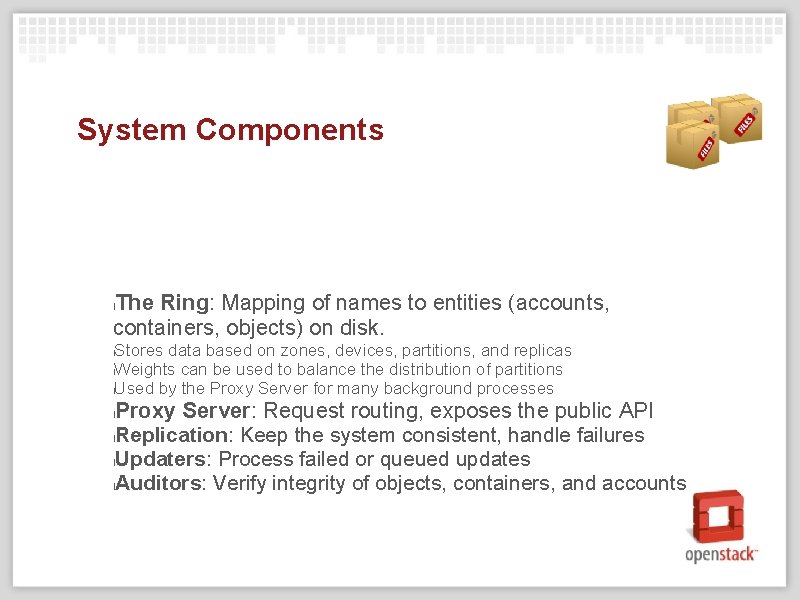 System Components The Ring: Mapping of names to entities (accounts, containers, objects) on disk.