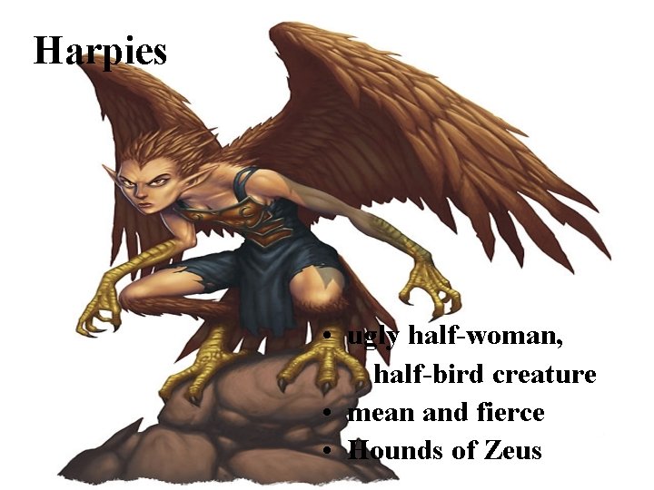 Harpies • ugly half-woman, half-bird creature • mean and fierce • Hounds of Zeus