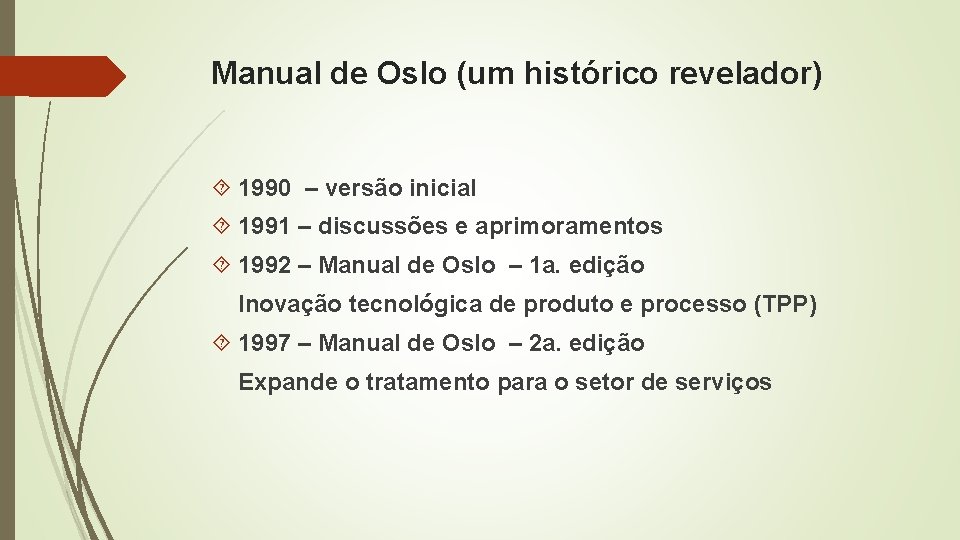 Manual de Oslo (um histórico revelador) 1990 – versão inicial 1991 – discussões e Manual de Oslo (um histórico revelador) 1990 – versão inicial 1991 – discussões e
