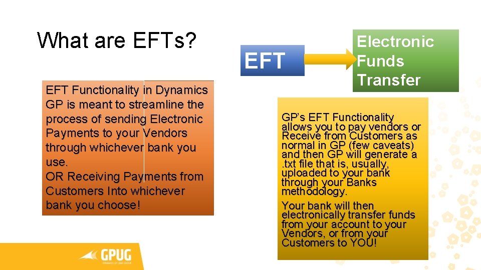 What are EFTs? EFT Functionality in Dynamics GP is meant to streamline the process