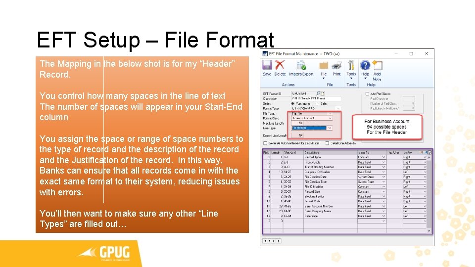 EFT Setup – File Format The Mapping in the below shot is for my