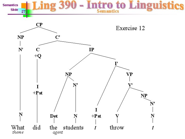 Semantics Slide Semantics 27 CP NP N' Exercise 12 C' C +Q IP I'