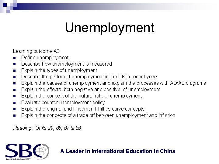 Unemployment Learning outcome AD n Define unemployment n Describe how unemployment is measured n