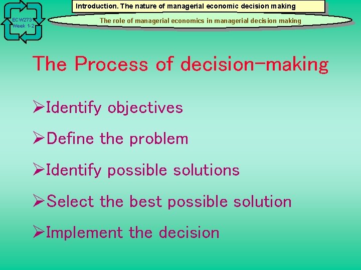 Introduction. The nature of managerial economic decision making ECW 2731 Week 1 -2 The