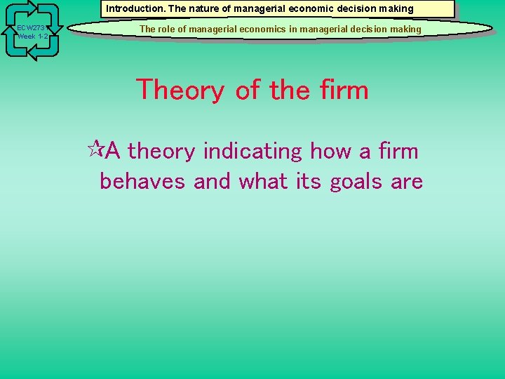 Introduction. The nature of managerial economic decision making ECW 2731 Week 1 -2 The