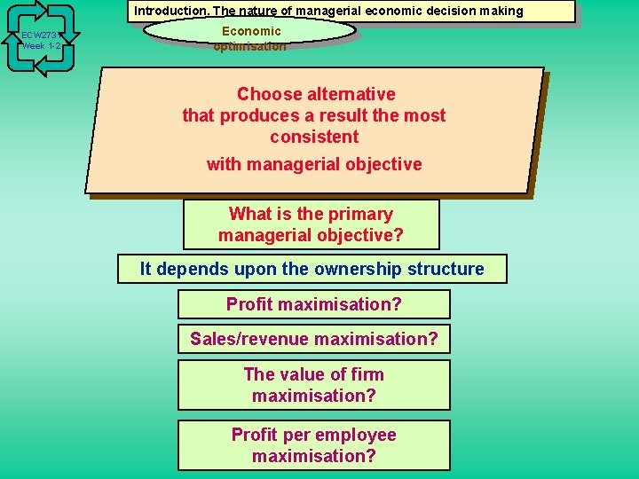 Introduction. The nature of managerial economic decision making ECW 2731 Week 1 -2 Economic