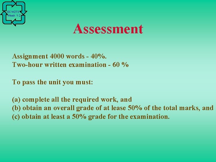 ECW 2731 Week 1 -2 Assessment Assignment 4000 words - 40%. Two-hour written examination