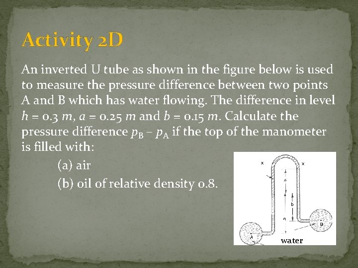Activity 2 D An inverted U tube as shown in the figure below is