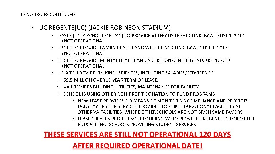 LEASE ISSUES CONTINUED • UC REGENTS(UC) (JACKIE ROBINSON STADIUM) • LESSEE (UCLA SCHOOL OF