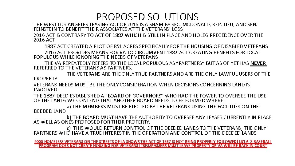 PROPOSED SOLUTIONS THE WEST LOS ANGELES LEASING ACT OF 2016 IS A SHAM BY