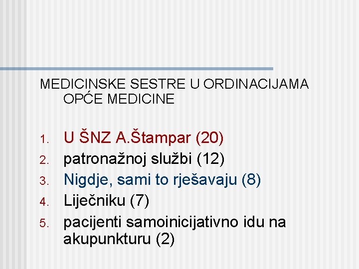 MEDICINSKE SESTRE U ORDINACIJAMA OPĆE MEDICINE 1. 2. 3. 4. 5. U ŠNZ A.