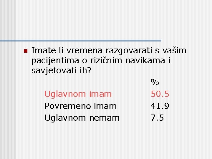 n Imate li vremena razgovarati s vašim pacijentima o rizičnim navikama i savjetovati ih?