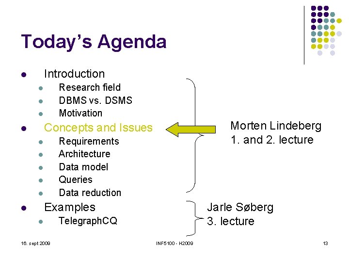 Today’s Agenda Introduction l Research field DBMS vs. DSMS Motivation l l l Morten Today’s Agenda Introduction l Research field DBMS vs. DSMS Motivation l l l Morten