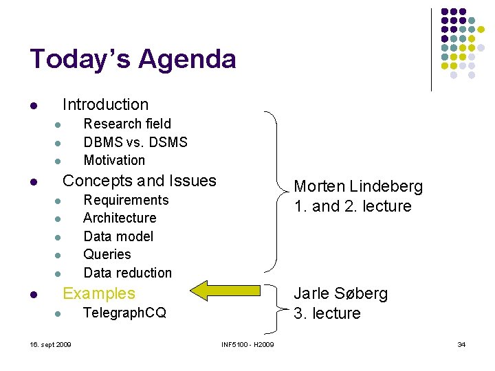 Today’s Agenda Introduction l Research field DBMS vs. DSMS Motivation l l l Concepts