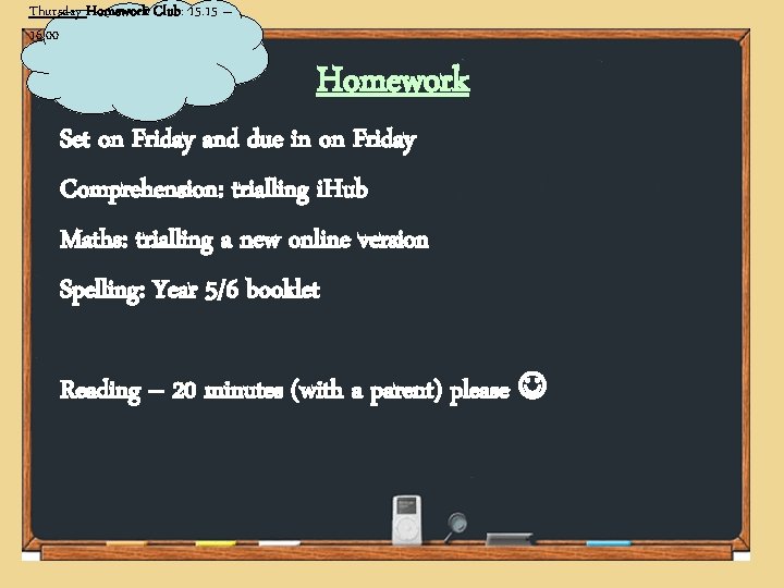 Thursday Homework Club: 15. 15 – 16: 00 Homework Set on Friday and due