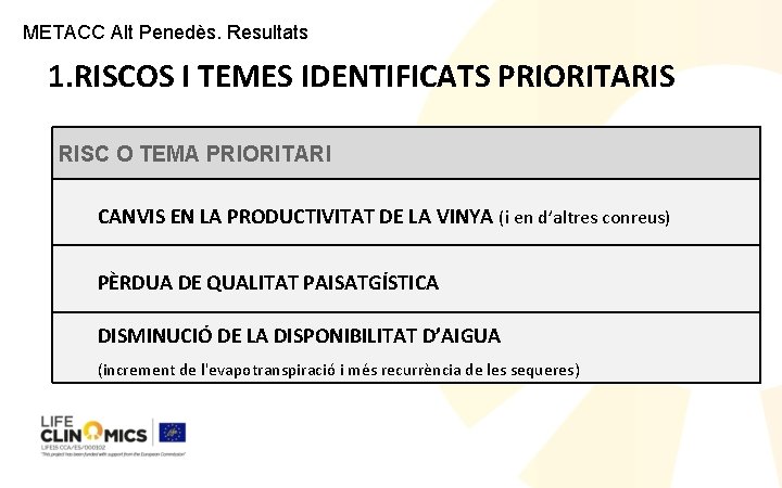 METACC Alt Penedès. Resultats 1. RISCOS I TEMES IDENTIFICATS PRIORITARIS RISC O TEMA PRIORITARI