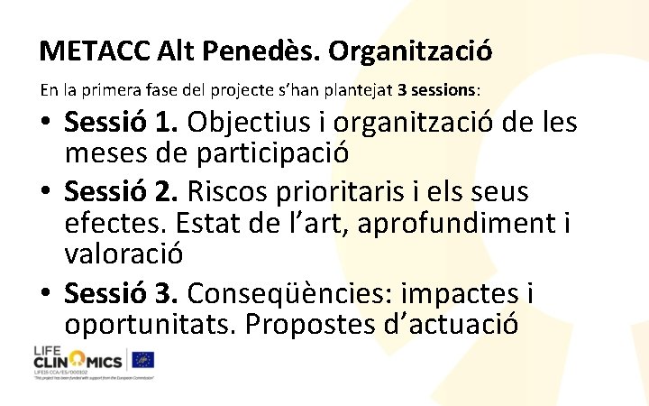 METACC Alt Penedès. Organització En la primera fase del projecte s’han plantejat 3 sessions: