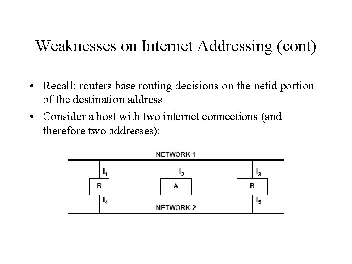 Weaknesses on Internet Addressing (cont) • Recall: routers base routing decisions on the netid