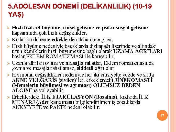 5. ADÖLESAN DÖNEMİ (DELİKANLILIK) (10 -19 YAŞ) Ø Ø Ø Hızlı fiziksel büyüme, cinsel