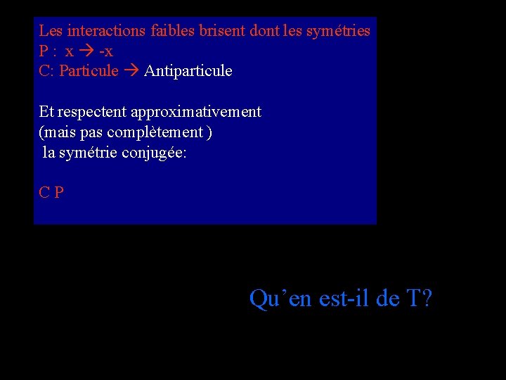 Les interactions faibles brisent dont les symétries P : x -x C: Particule Antiparticule