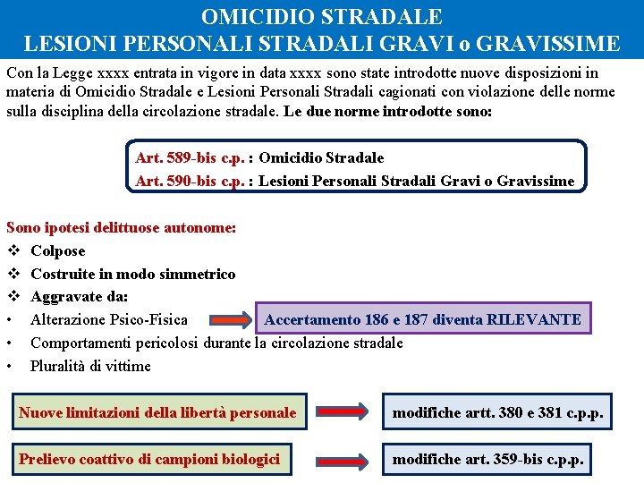 OMICIDIO STRADALE LESIONI PERSONALI STRADALI GRAVI o GRAVISSIME Con la Legge xxxx entrata in