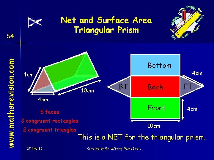 Net and Surface Area Triangular Prism www. mathsrevision. com S 4 Bottom 4 cm