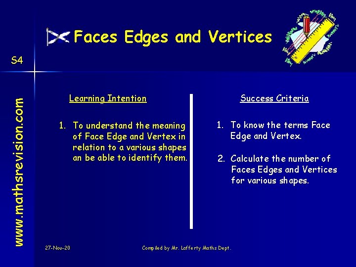 Faces Edges and Vertices www. mathsrevision. com S 4 Learning Intention 1. To understand